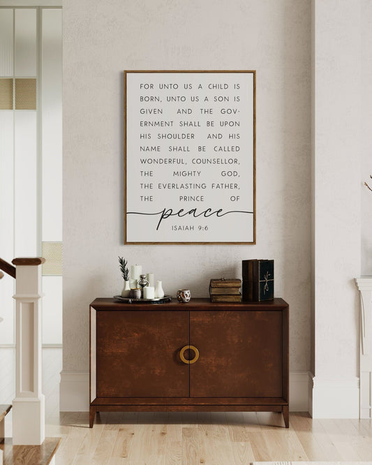 "For unto us a child is born" Isaiah 9:6 Framed Classic Canvas Scripture Wall Art.