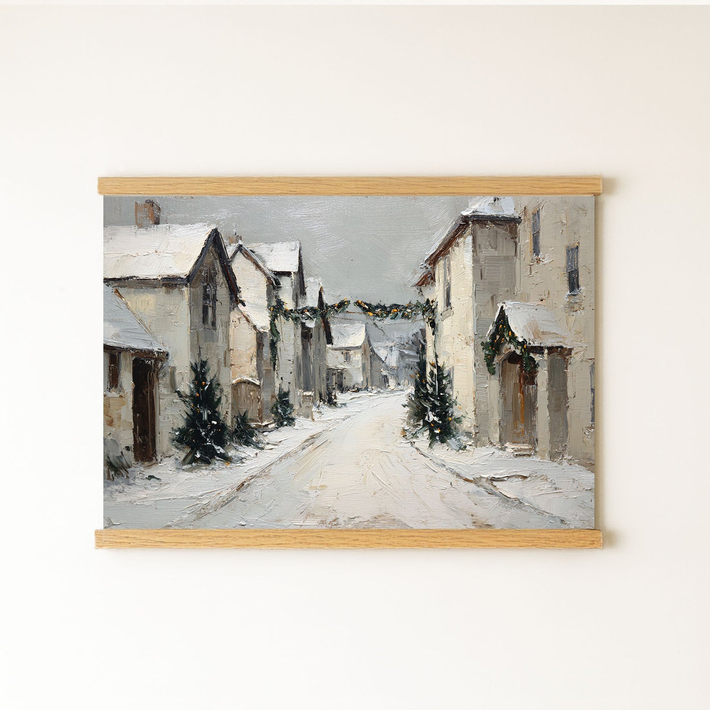 A painting of a snowy village street with houses and trees covered in snow.