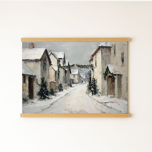 A painting of a snowy village street with houses and trees covered in snow.