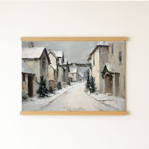 A painting of a snowy village street with houses and trees covered in snow.