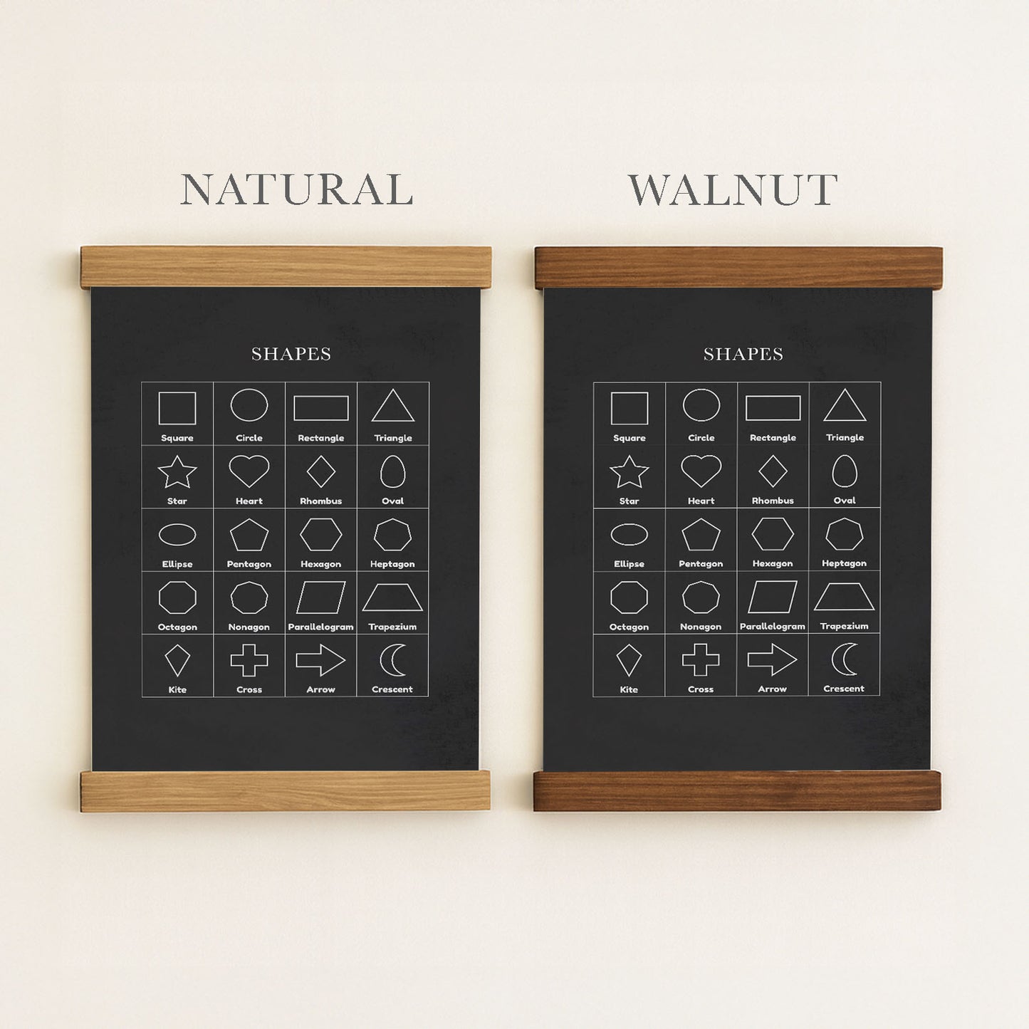 two black chalkboards with illustrations of various shapes and their names written on them. The chalkboards are mounted on a wall, and the illustrations are in white chalk.