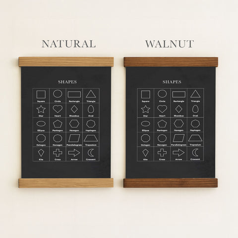 two black chalkboards with illustrations of various shapes and their names written on them. The chalkboards are mounted on a wall, and the illustrations are in white chalk.