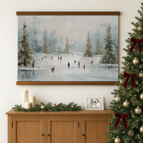 a large painting of people ice skating on a frozen lake, with a snowy winter landscape in the background. The painting is hung on a wall above a wooden cabinet, which has a family portrait and some candles on it. To the right of the painting, there is a Christmas tree decorated with red bows.
