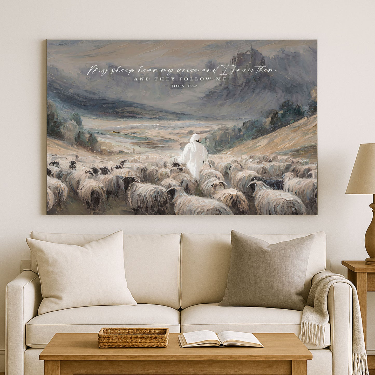 a serene pastoral scene with a shepherd tending to his flock of sheep in a lush green valley, with a castle visible in the distance.