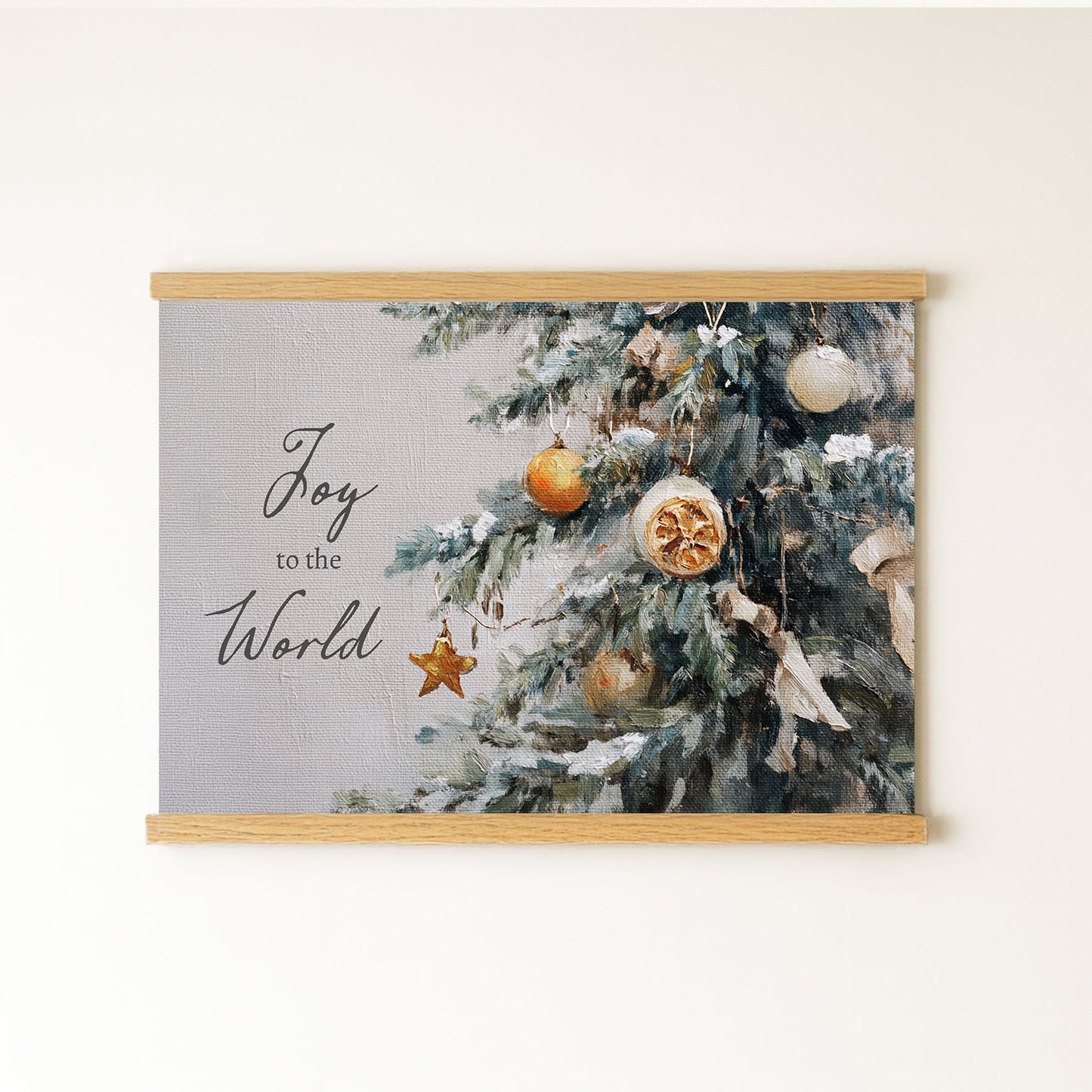 The image is a framed print of a Christmas tree adorned with ornaments, including a star and a fruit, and a message that reads "Joy to the World".