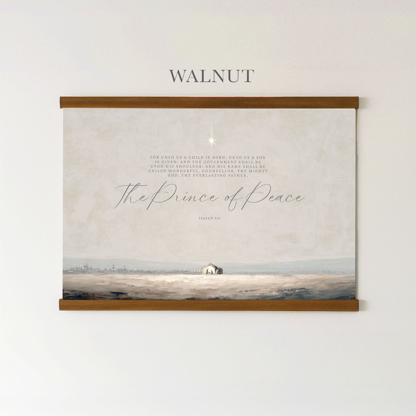 The image is a framed print of a serene landscape with a small house in the distance, set against a snowy background. The text above the print reads "WALNUT" and below it is a biblical verse from the book of Isaiah.