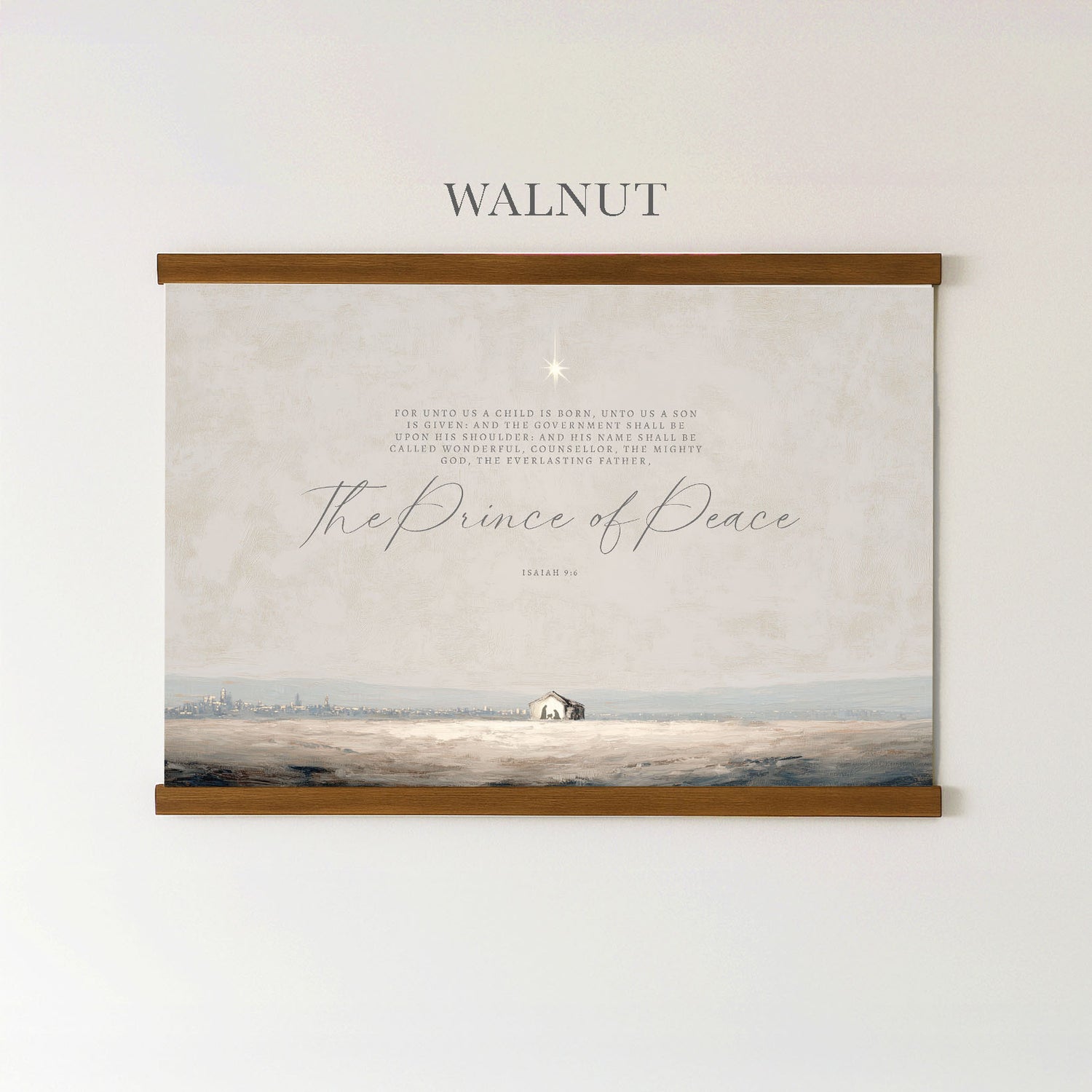 The image is a framed print of a serene landscape with a small house in the distance, set against a snowy background. The text above the print reads "WALNUT" and below it is a biblical verse from the book of Isaiah.
