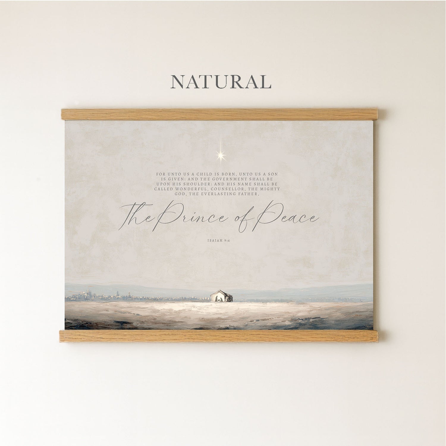 The image is a framed print with a serene landscape depicting a small house in the distance, set against a backdrop of a vast, open field. The text above the image reads "NATURAL" and below it, "The Prince of Peace".