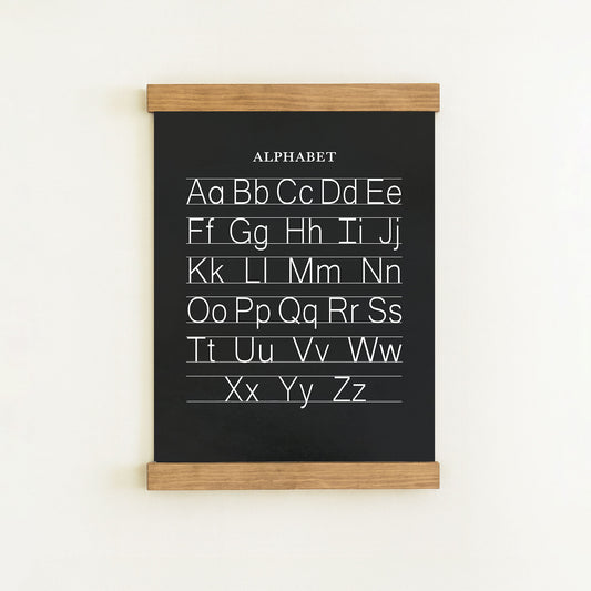 a blackboard with the alphabet written on it.