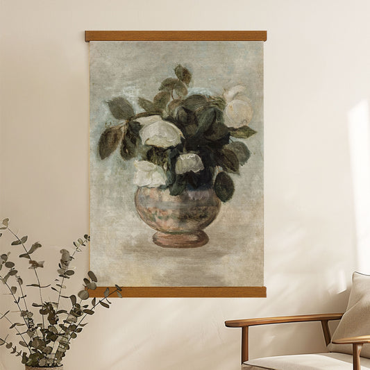 a painting of a vase filled with flowers hanging on a wall.