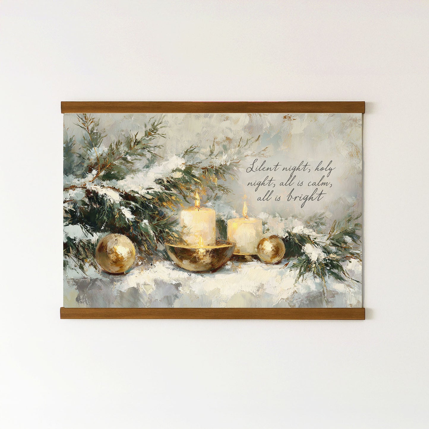 The image is a painting of Christmas decorations, including candles, ornaments, and greenery, set against a snowy background.