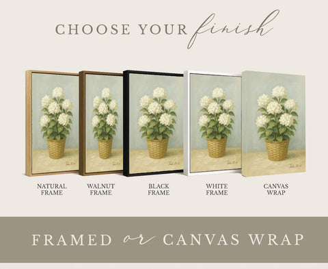 a collection of framed or canvas wraps featuring a painting of a potted plant with white flowers. The framed or canvas wraps are arranged in a row, each with a different frame color, including natural, walnut, black, white, and canvas wraps. The text 