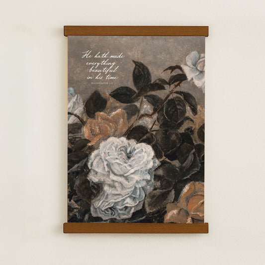 The image is a framed painting of a floral arrangement, featuring various shades of brown, white, and black flowers.