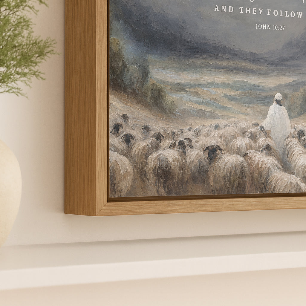 The image is a painting of a shepherd leading a flock of sheep through a misty, mountainous landscape.