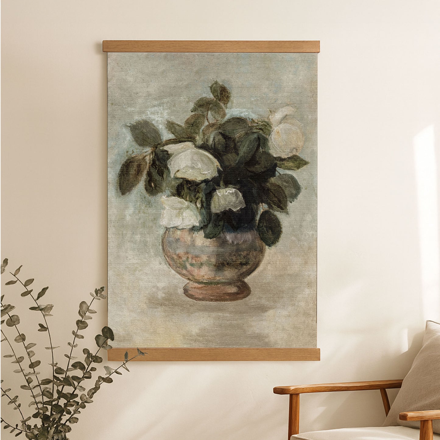 a painting of a vase filled with white flowers hanging on a wall.