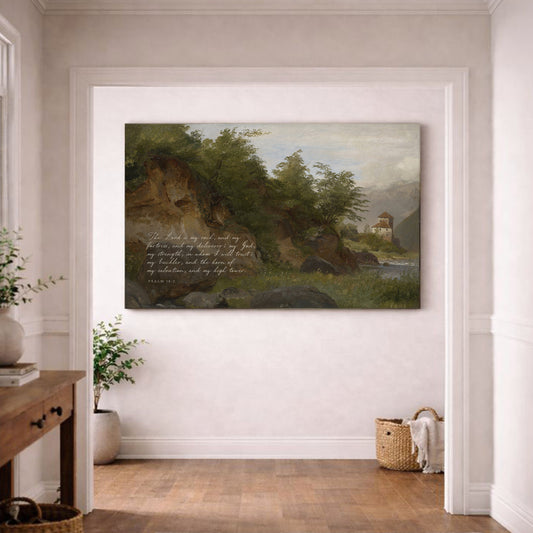a large landscape painting hanging on a white wall in a room with a wooden floor.