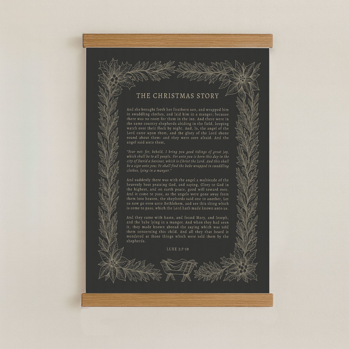 The image is a poster or framed print of a Christmas-themed text, with a dark background and a decorative border.