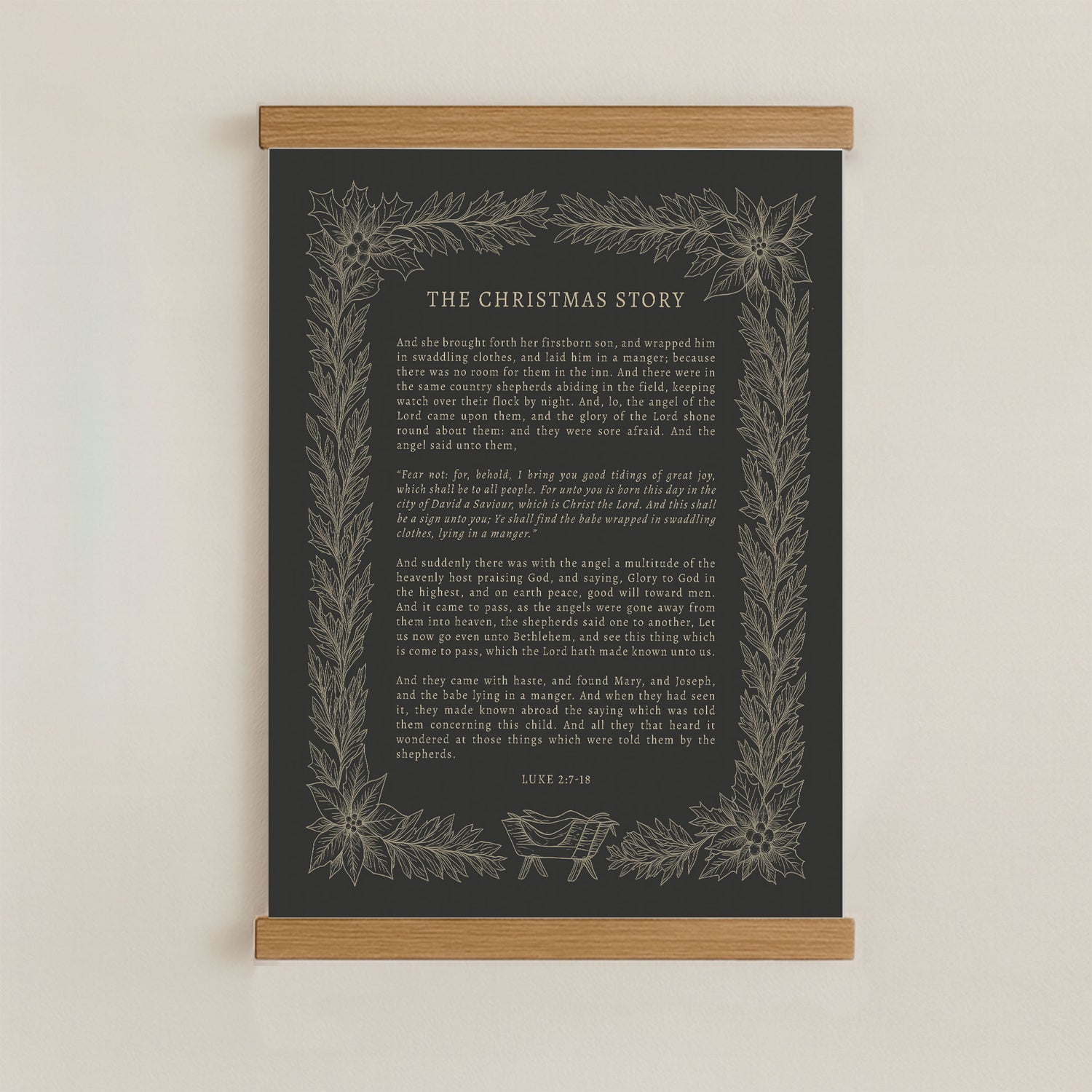 The image is a poster or framed print of a Christmas-themed text, with a dark background and a decorative border.