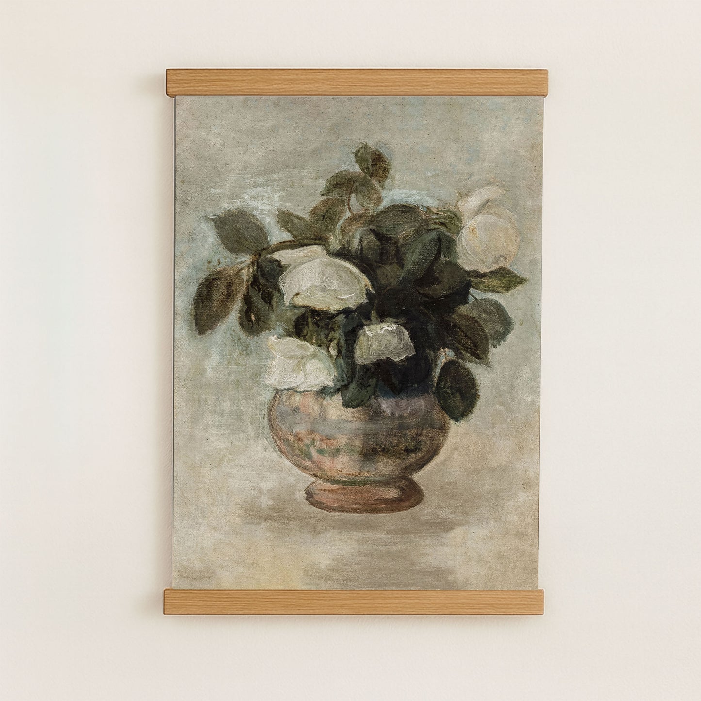 The image is a painting of a vase filled with white flowers, displayed on a wall.