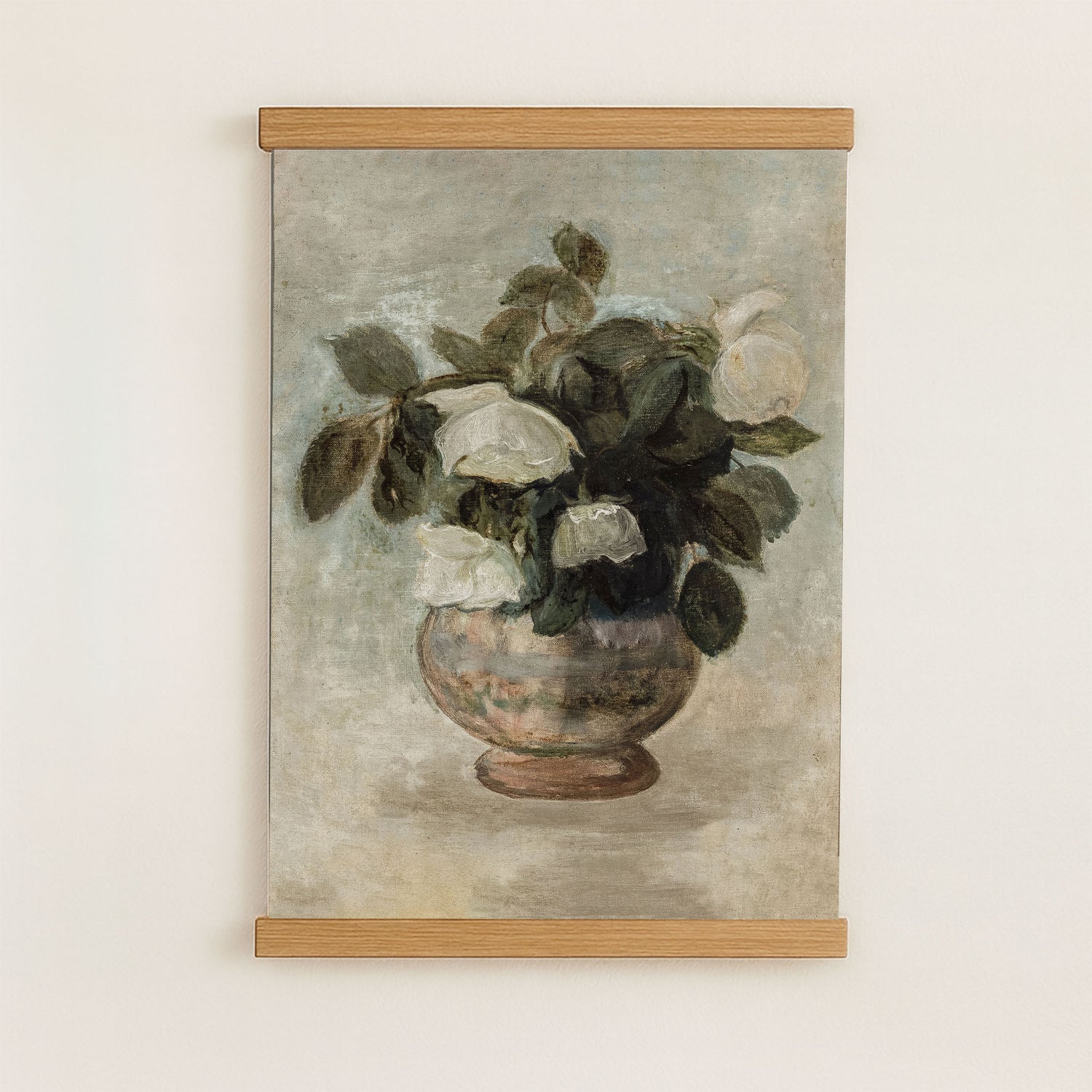 The image is a painting of a vase filled with white flowers, displayed on a wall.