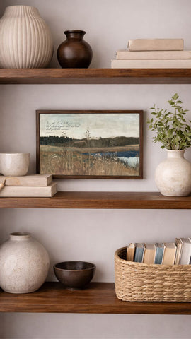 a wooden bookshelf with various decorative items and books arranged on the shelves. The bookshelf has three shelves, and the items include a painting, a vase, a bowl, and a basket. The painting depicts a serene landscape, and the vase and bowl are white, while the basket is brown. The books on the shelves are arranged in a way that they are easily accessible and add a touch of personalization to the space.