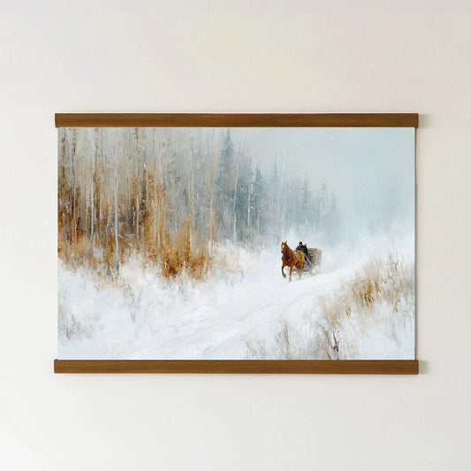 A painting of a person riding a horse-drawn carriage through a snowy forest.