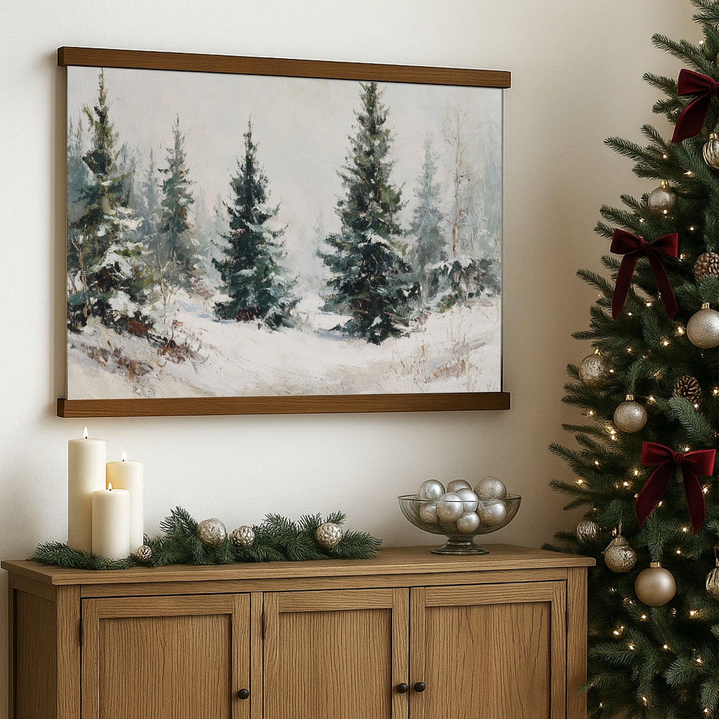 a cozy Christmas scene with a framed painting of a snowy forest, a lit Christmas tree, and a wooden cabinet with a bowl of ornaments and greenery.