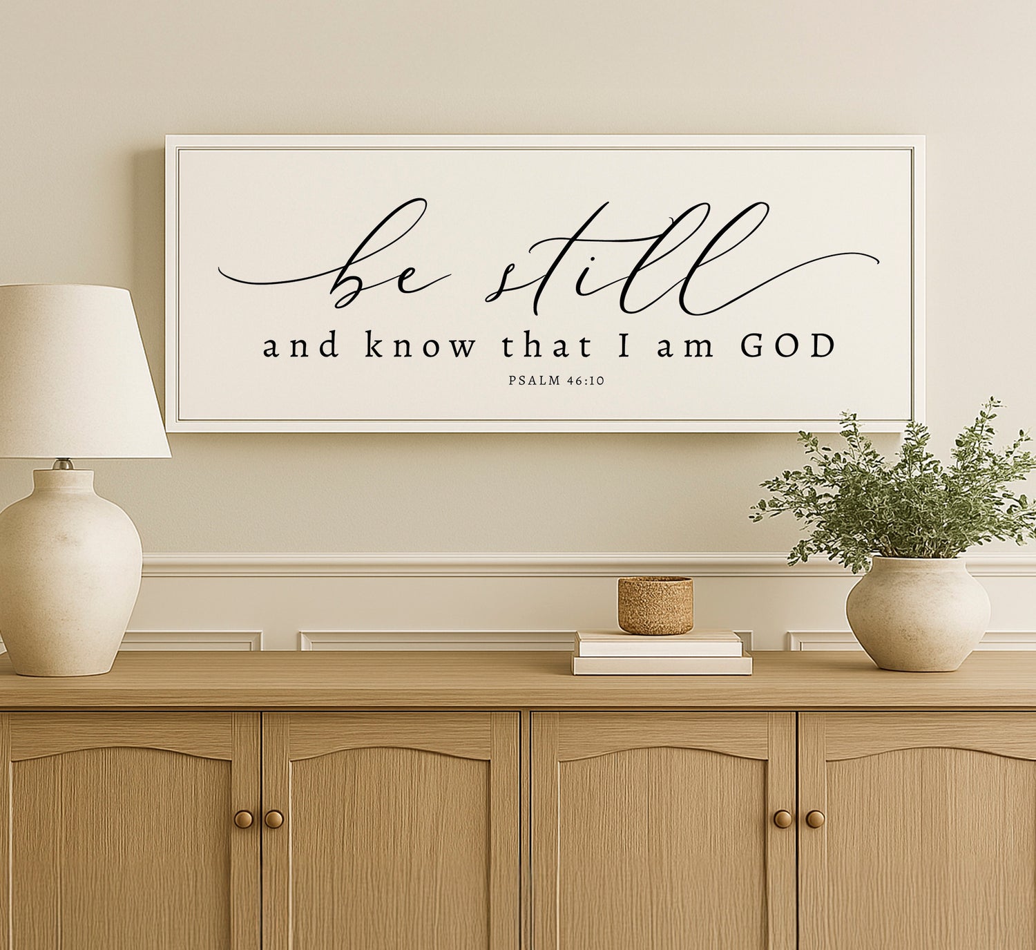 a picture of a wall hanging above a dresser