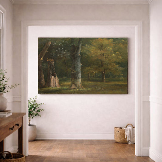 a large painting of a forest scene hanging on a white wall in a room with a wooden floor.