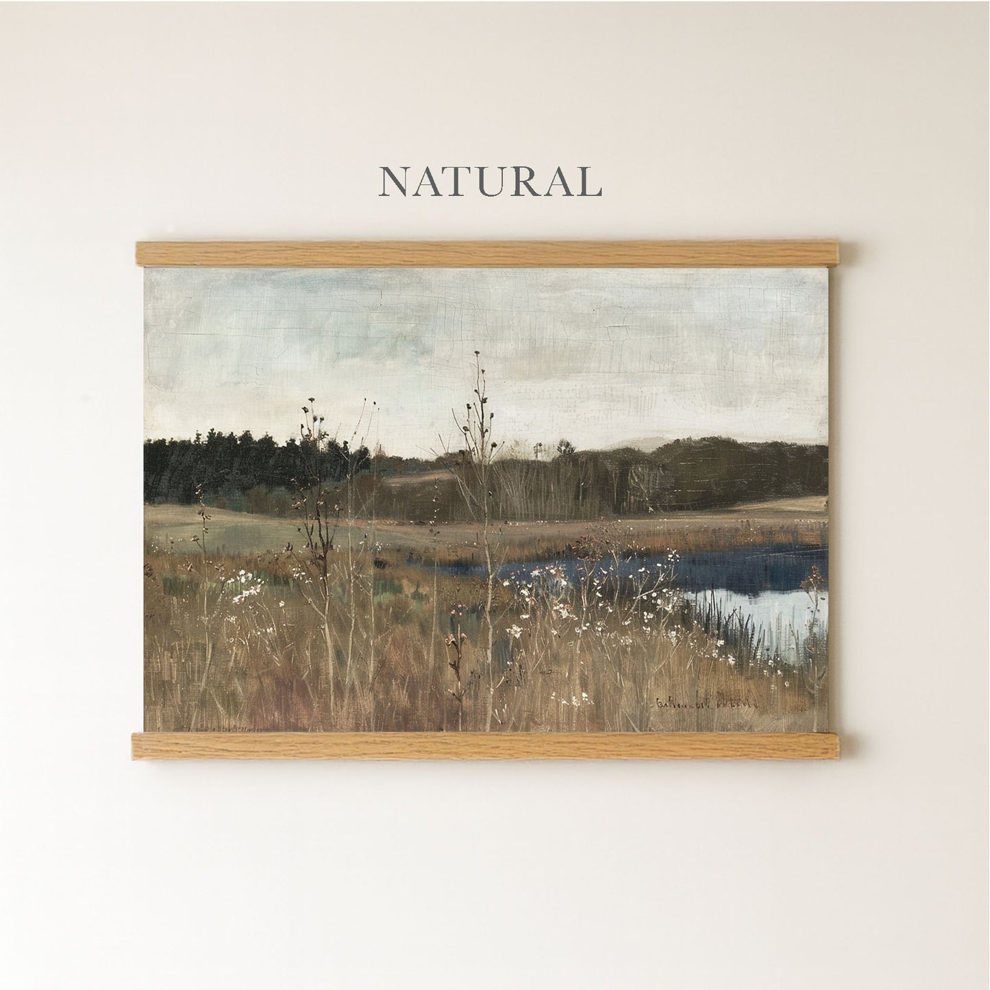 The image is a painting of a natural landscape, depicting a field with tall grass and a body of water in the background.