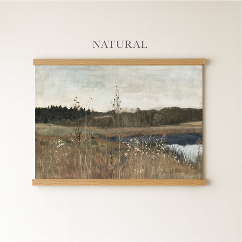 The image is a painting of a natural landscape, depicting a field with tall grass and a body of water in the background.