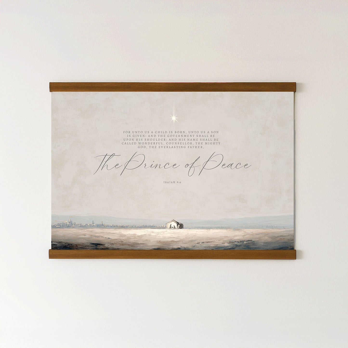 The image is a framed print of a serene landscape with a small house in the distance, set against a backdrop of a city skyline.