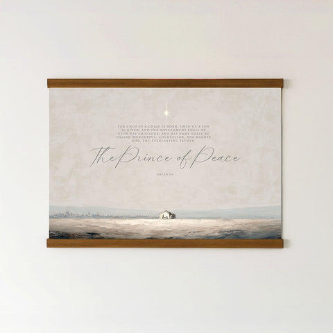 The image is a framed print of a serene landscape with a small house in the distance, set against a backdrop of a city skyline.