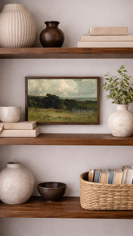 a wooden bookshelf with various decorative items and books arranged on the shelves. The bookshelf has three shelves, and there are several vases, bowls, and a painting displayed on the shelves. The painting is a landscape painting depicting a field with trees, and the bookshelf also contains several books and a basket.