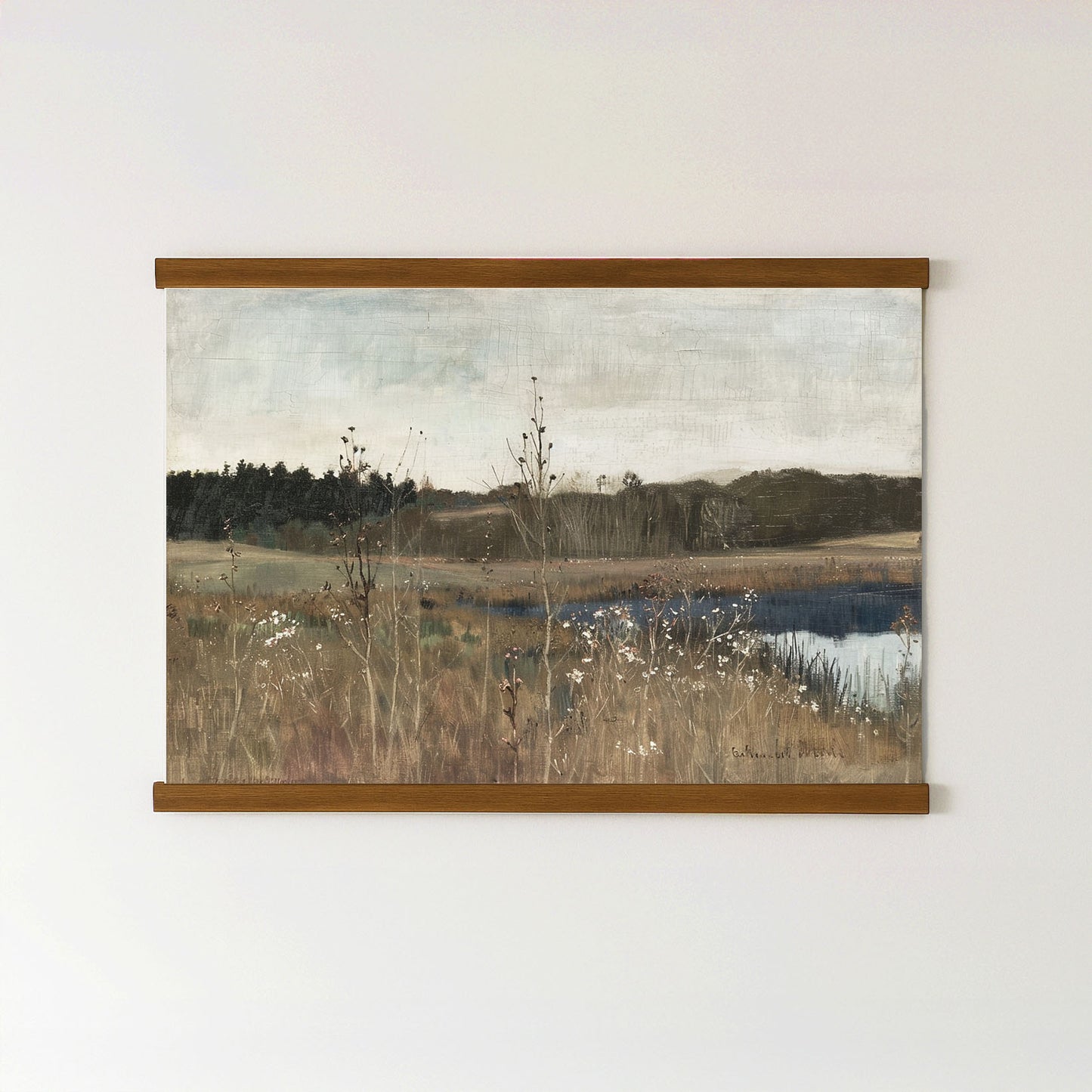 The image is a painting of a serene landscape with a field, a body of water, and some tall grasses.