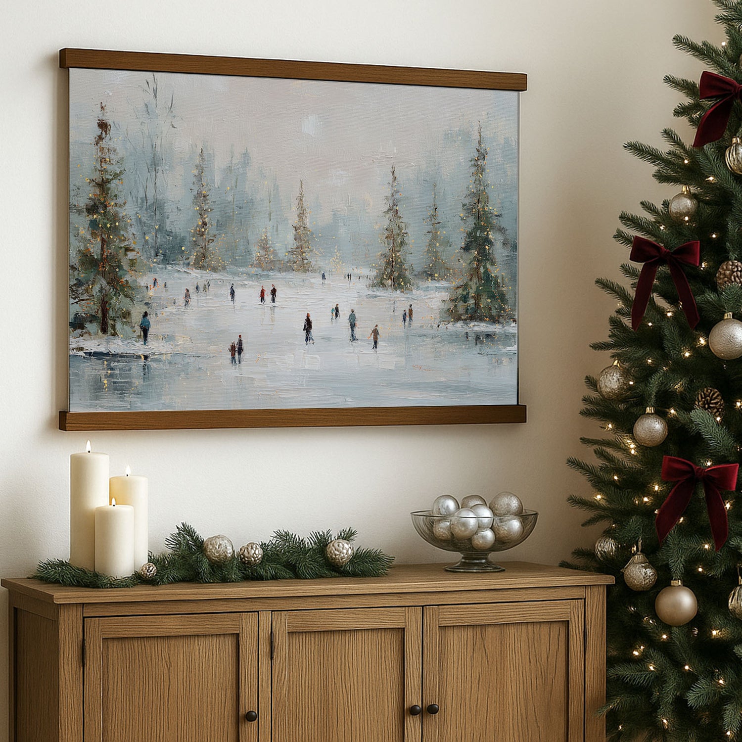 a cozy Christmas scene with a painting of people ice skating on a snowy landscape, a decorated Christmas tree, and a wooden cabinet with ornaments and a bowl of silver balls.