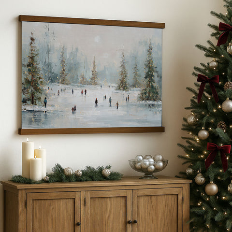 a cozy Christmas scene with a painting of people ice skating on a snowy landscape, a decorated Christmas tree, and a wooden cabinet with ornaments and a bowl of silver balls.