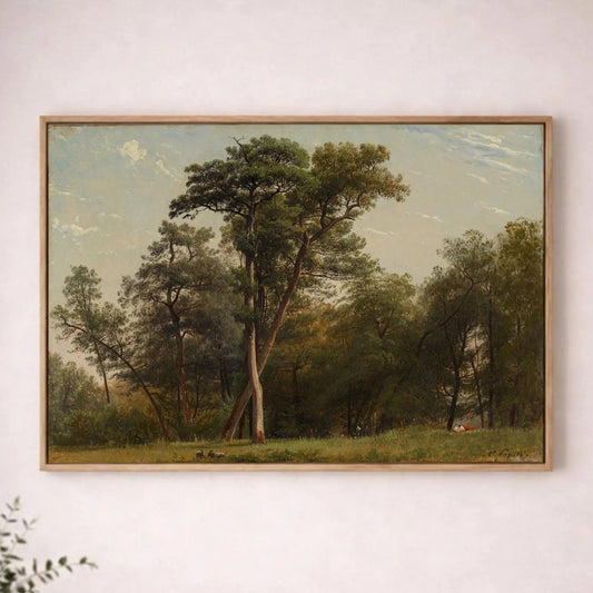 a large painting of a forest scene hanging on a white wall above a wooden table.