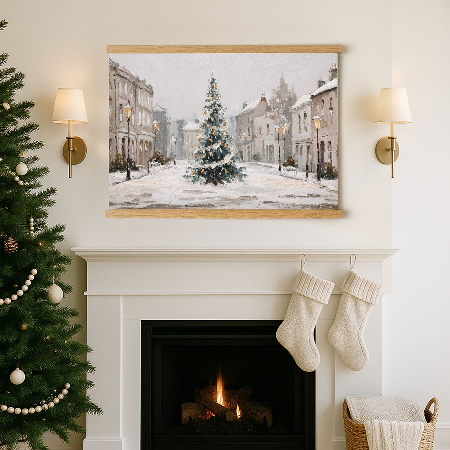 a cozy Christmas scene with a fireplace, a Christmas tree, and two white stockings hanging above it.