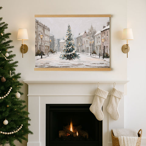 a cozy Christmas scene with a fireplace, a Christmas tree, and two white stockings hanging above it.