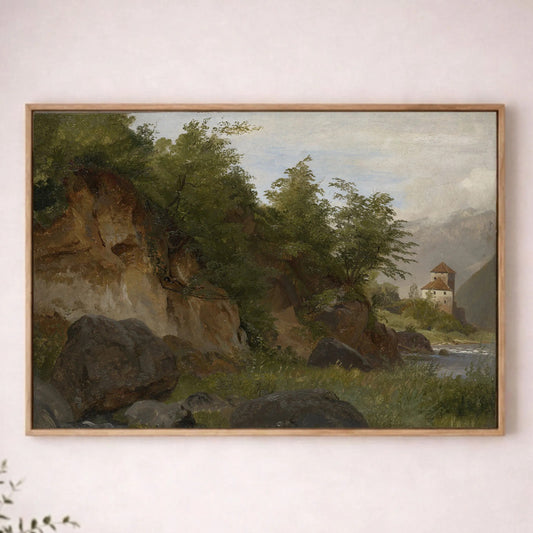 a large landscape painting hanging on a wall, depicting a serene countryside scene with a river, trees, and a building in the distance.