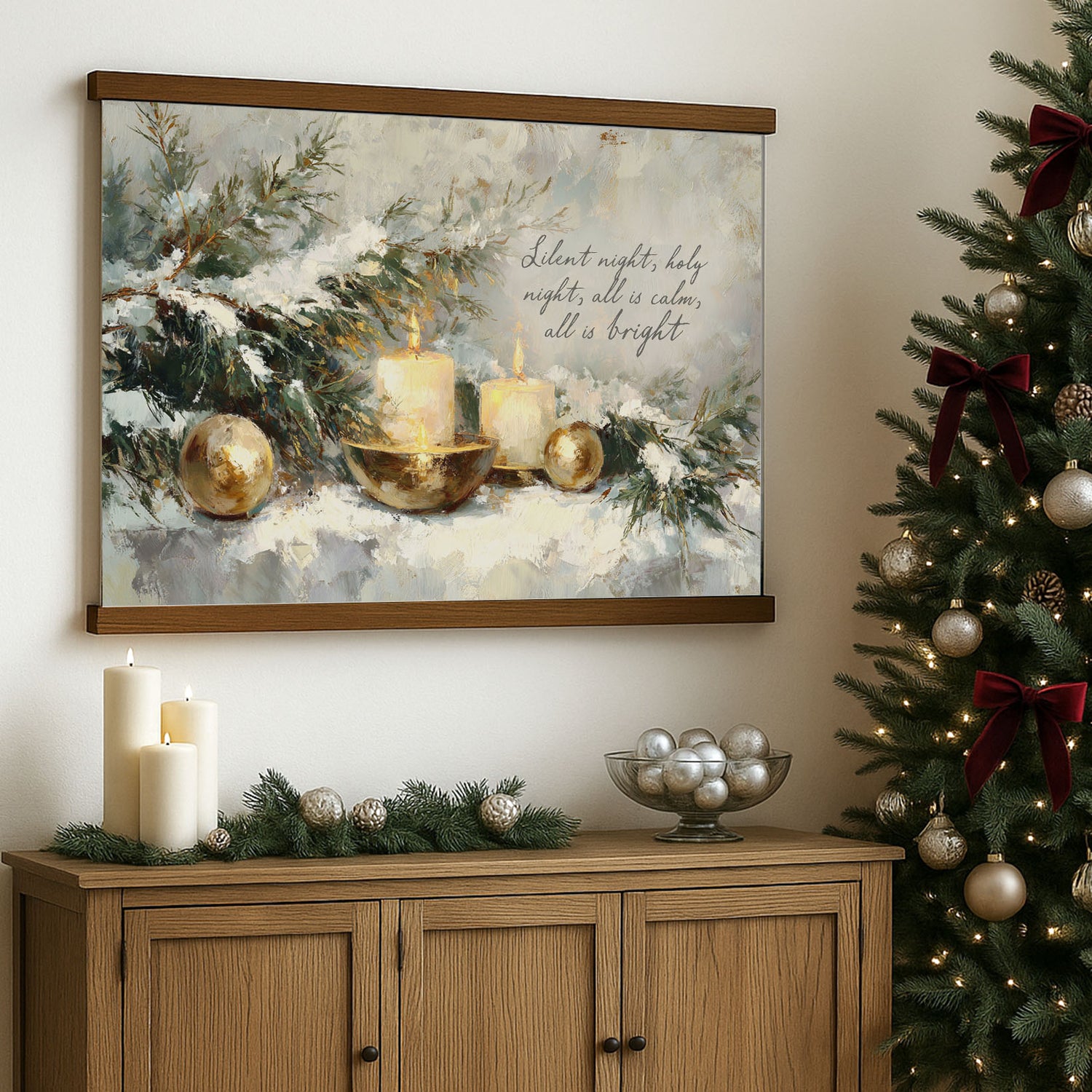 a painting of a Christmas scene with candles, ornaments, and a tree, hanging on a wall above a wooden cabinet.