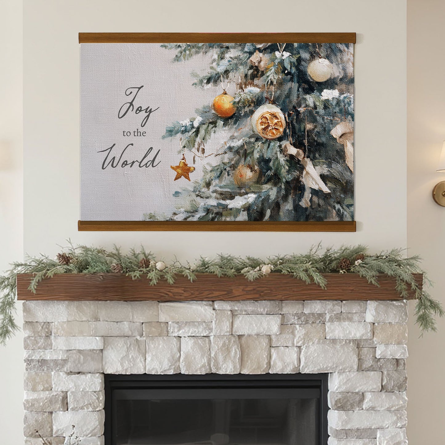a Christmas tree decorated with ornaments and greenery, with a wooden frame above it. The text "Joy to the World" is displayed on the frame, indicating a festive and joyful holiday season.