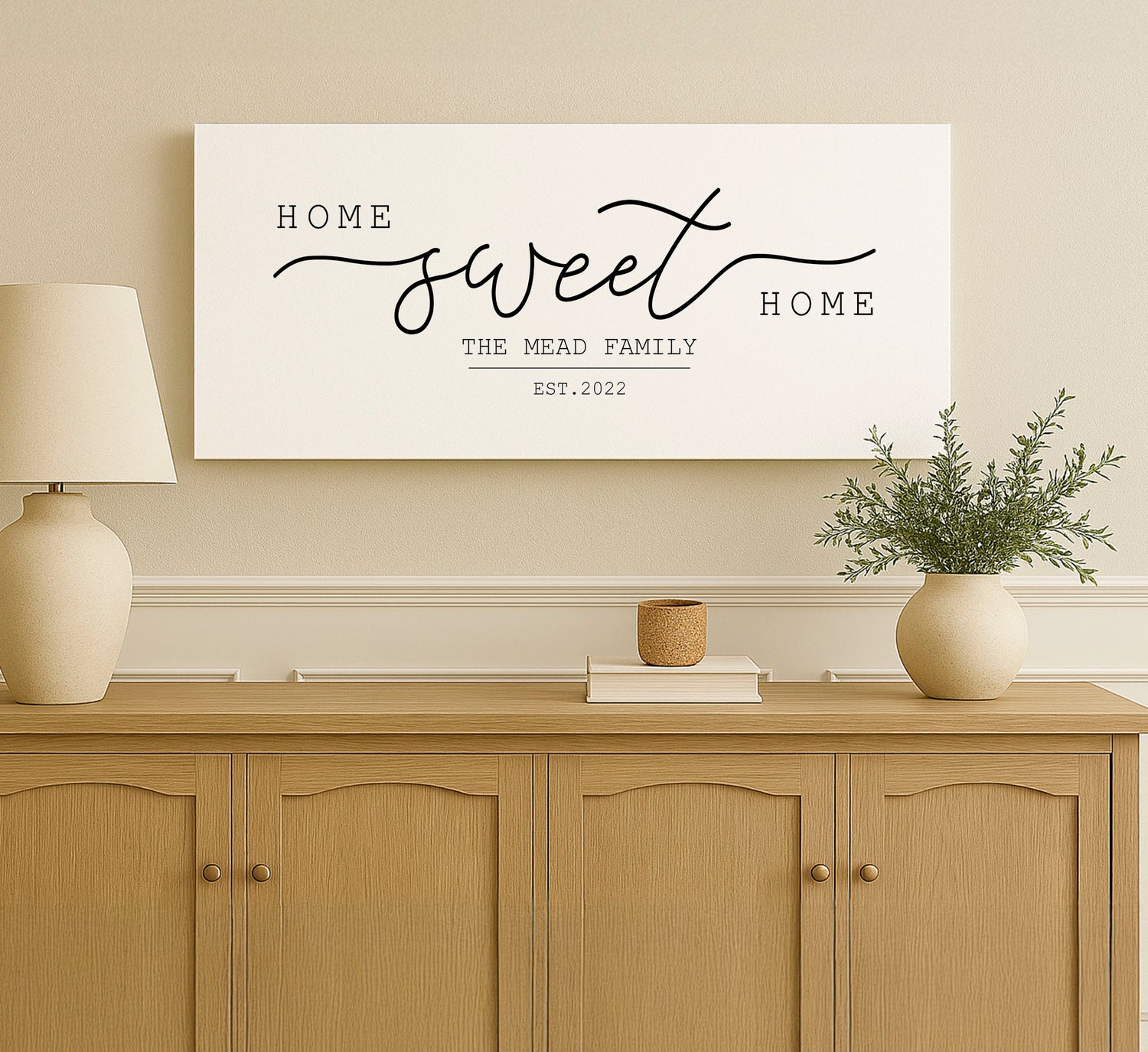 a picture of a living room with a sign on the wall