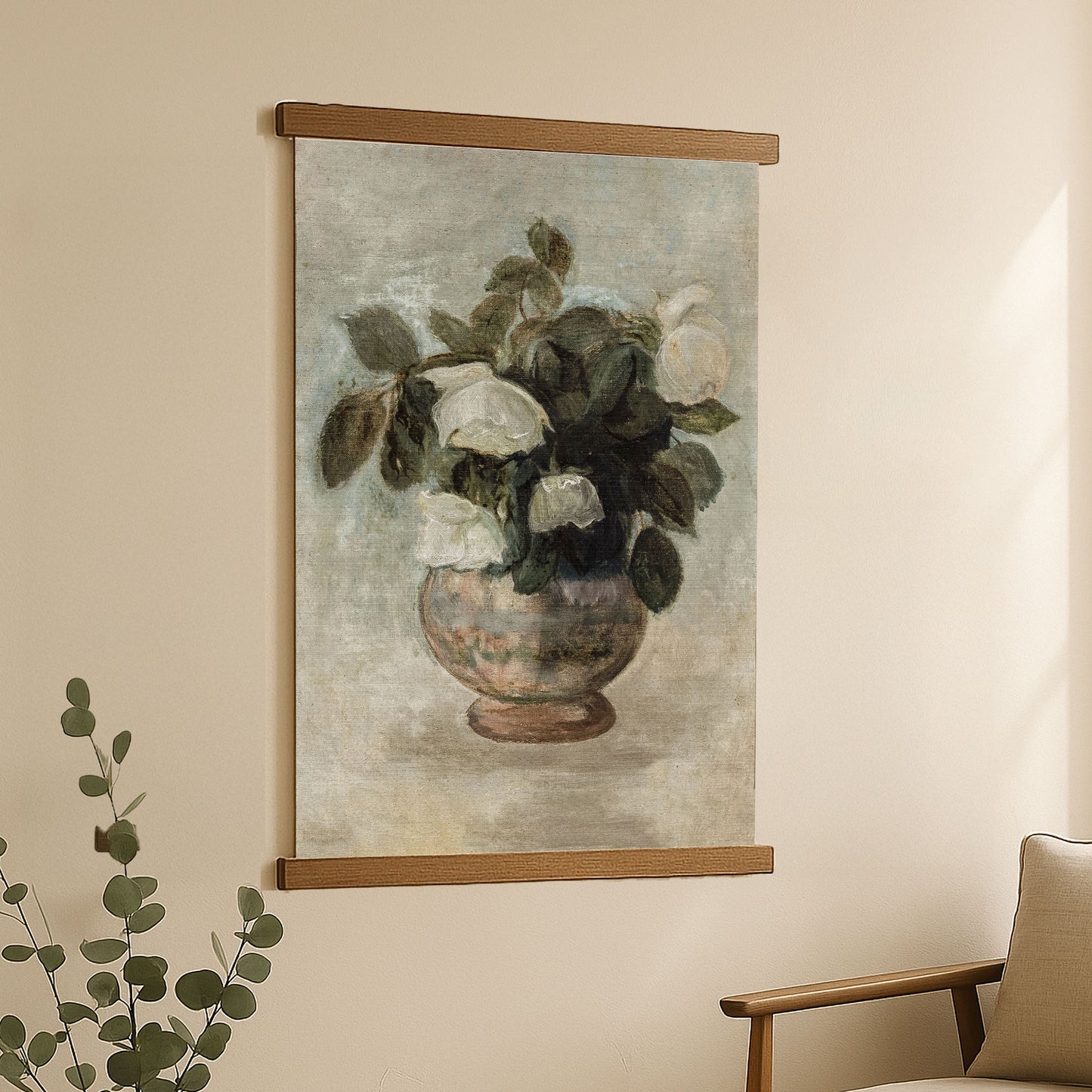 a painting of a vase with flowers hanging on a wall.
