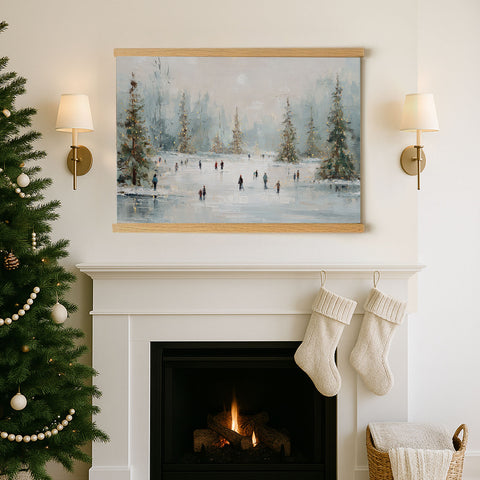 a cozy Christmas scene with a fireplace, a painting of people ice skating on a frozen lake, and two white stockings hanging above the fireplace.