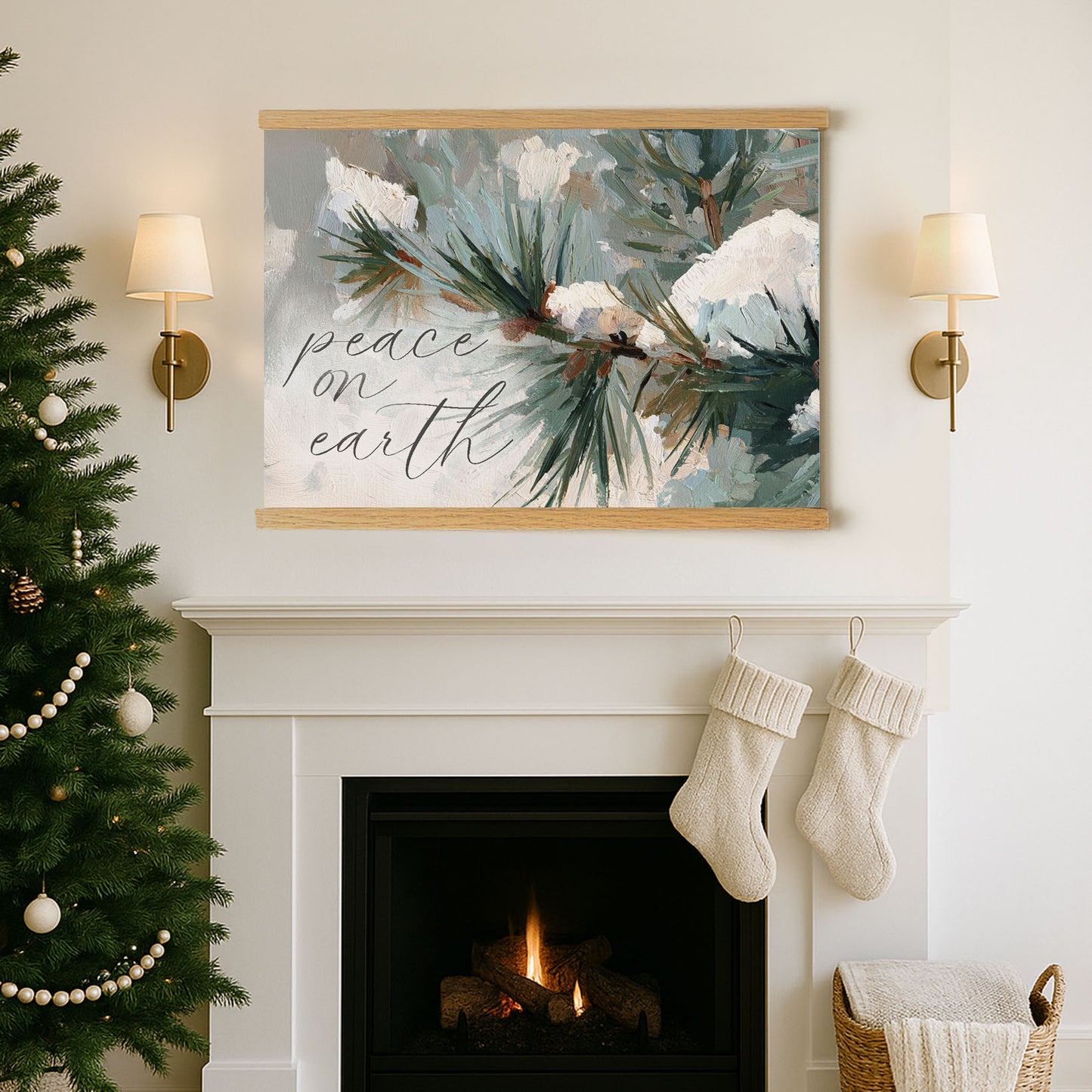 a cozy Christmas scene with a fireplace, a Christmas tree, and a framed painting hanging above it. The painting depicts pine branches with snow, and the phrase "Peace on earth" is written on the painting.