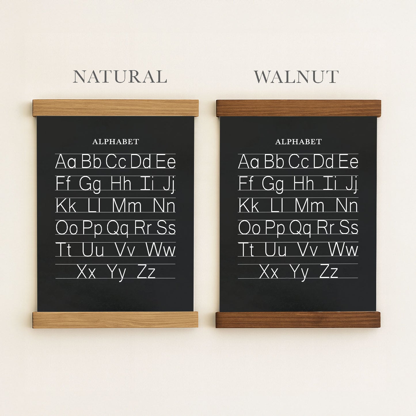 two chalkboard-style alphabet posters, each with a different color frame. The posters are labeled "NATURAL" and "WALNUT" above them, indicating the color of the frame. The posters contain the alphabet written in a chalkboard style, with each letter followed by a corresponding line of text.
