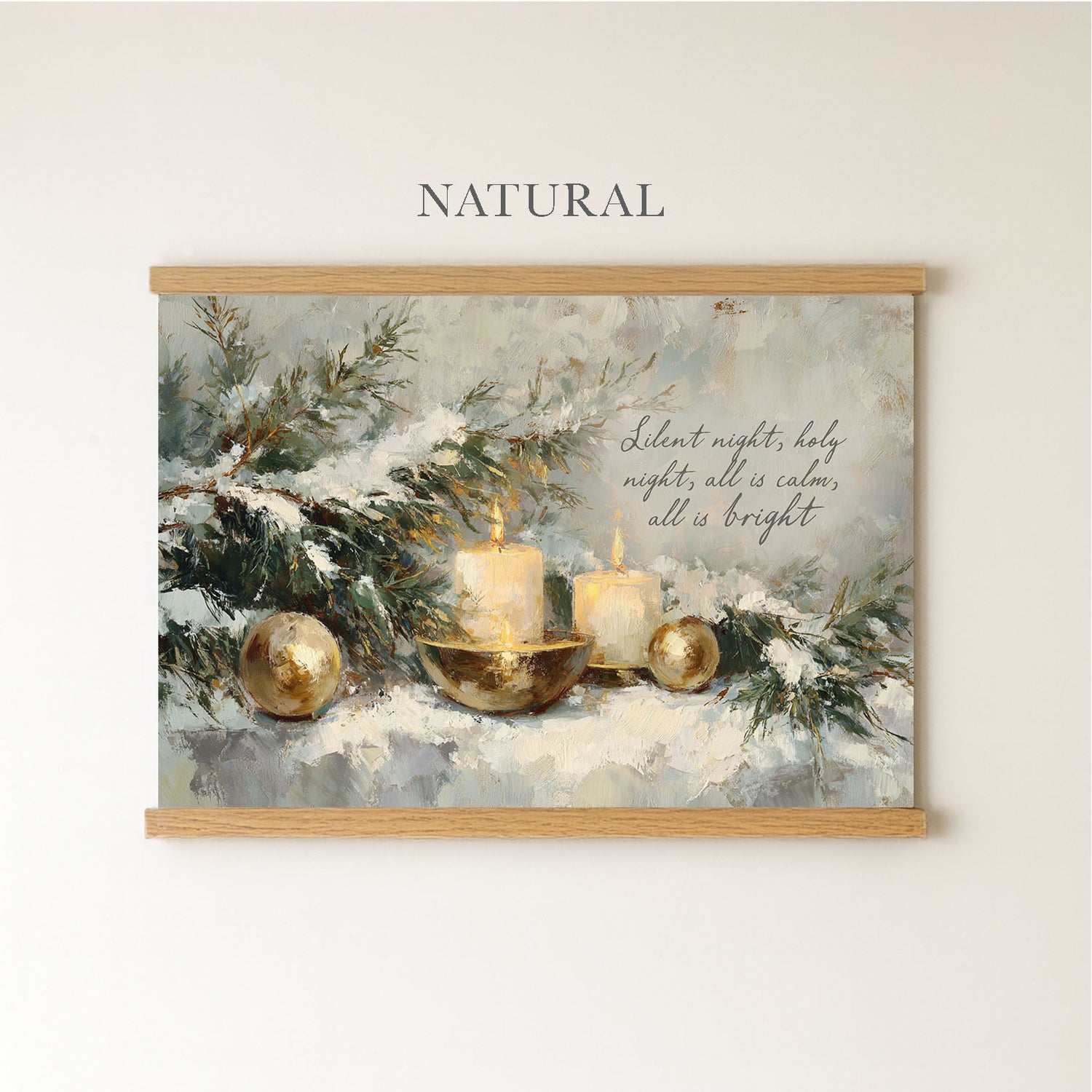 The image is a painting of a Christmas scene with candles, ornaments, and greenery, set against a snowy background.