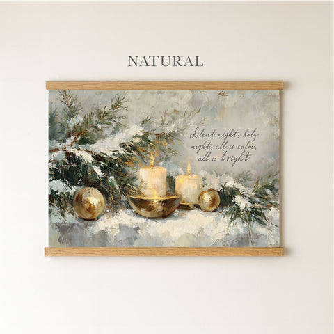 The image is a painting of a Christmas scene with candles, ornaments, and greenery, set against a snowy background.